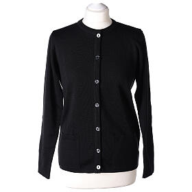 Casaco de malha preto tricô plano gola coreana para freira com bolsos, 50% acrílico e 50% lã de merino, linha "In Primis"