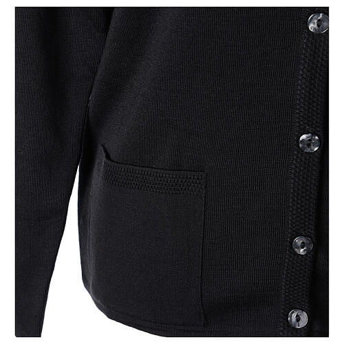 Casaco de malha preto tricô plano gola coreana para freira com bolsos, 50% acrílico e 50% lã de merino, linha "In Primis" 5