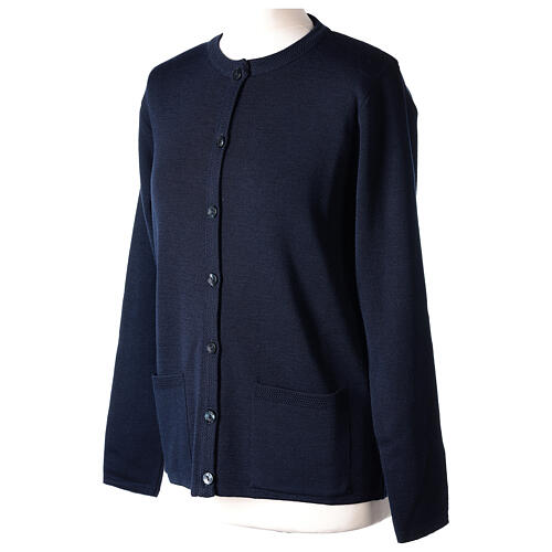 Blue crew-neck cardigan In Primis for nuns, pockets, plain fabric, 50% merino wool 50% acrylic 3