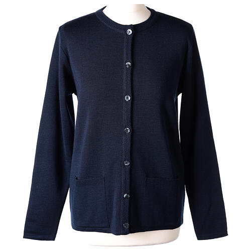 Casaco de malha azul tricô plano gola coreana para freira com bolsos, 50% acrílico e 50% lã de merino, linha "In Primis" 1
