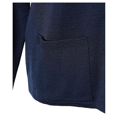 Casaco de malha azul tricô plano gola coreana para freira com bolsos, 50% acrílico e 50% lã de merino, linha "In Primis" 5