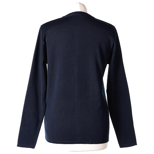 Casaco de malha azul tricô plano gola coreana para freira com bolsos, 50% acrílico e 50% lã de merino, linha "In Primis" 6