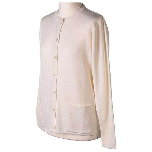 White crew-neck cardigan In Primis for nuns, pockets, plain fabric, 50% merino wool 50% acrylic 3