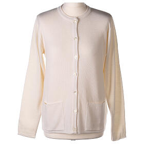 Casaco de malha branco tricô plano gola coreana para freira com bolsos, 50% acrílico e 50% lã de merino, linha "In Primis"