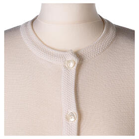 Casaco de malha branco tricô plano gola coreana para freira com bolsos, 50% acrílico e 50% lã de merino, linha "In Primis"