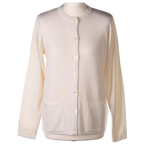 Casaco de malha branco tricô plano gola coreana para freira com bolsos, 50% acrílico e 50% lã de merino, linha "In Primis" 1