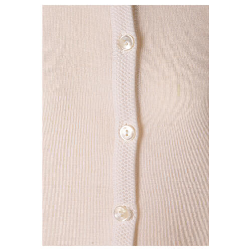 Casaco de malha branco tricô plano gola coreana para freira com bolsos, 50% acrílico e 50% lã de merino, linha "In Primis" 4