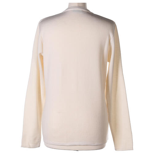 Casaco de malha branco tricô plano gola coreana para freira com bolsos, 50% acrílico e 50% lã de merino, linha "In Primis" 6