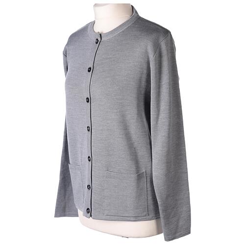 Pearl grey crew-neck cardigan In Primis for nuns, pockets, plain fabric, 50% merino wool 50% acrylic 3