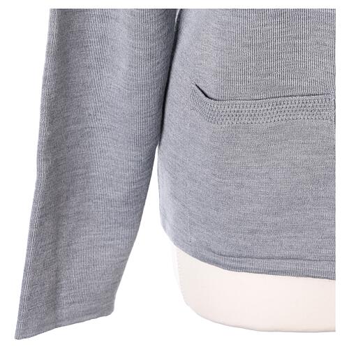 Pearl grey crew-neck cardigan In Primis for nuns, pockets, plain fabric, 50% merino wool 50% acrylic 5
