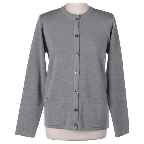 Pearl grey crew-neck cardigan In Primis for nuns, pockets, plain fabric, 50% merino wool 50% acrylic 9