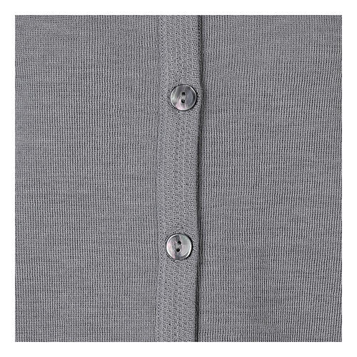 Casaco de malha cinza pérola tricô plano gola coreana para freira com bolsos, 50% acrílico e 50% lã de merino, linha "In Primis" 11