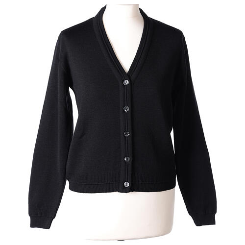 kurzer Damen-Cardigan, schwarz, mit V-Ausschnitt, 50% Acryl - 50% Merinowolle, In Primis 1