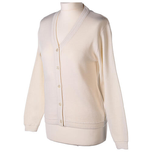 Casaco de malha curto branco decote em V para freira, 50% acrílico e 50% lã de merino, linha "In Primis" 3