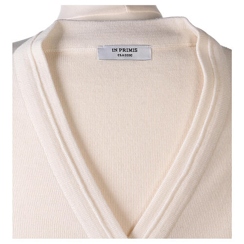 Casaco de malha curto branco decote em V para freira, 50% acrílico e 50% lã de merino, linha "In Primis" 7