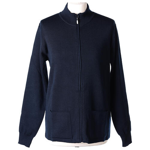 Casaco azul com fecho e bolsos gola coreana para freira, 50% acrílico e 50% lã de merino, linha "In Primis" 1