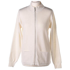 Turtleneck zipped jacket In Primis for nuns, white colour, 50% merino wool 50% acrylic