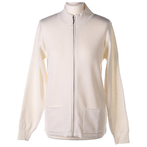 Turtleneck zipped jacket In Primis for nuns, white colour, 50% merino wool 50% acrylic 1