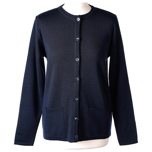 Crew-neck cardigan In Primis for nuns, blue colour, PLUS SIZES, 50% merino wool 50% acrylic 1