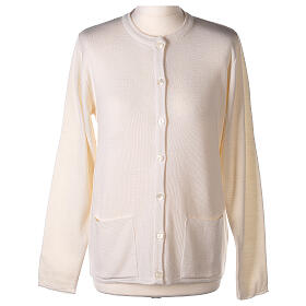 Crew-neck cardigan In Primis for nuns, white colour, PLUS SIZES, 50% merino wool 50% acrylic