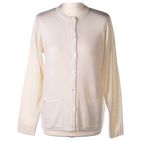 Nun white crew neck cardigan with pockets PLUS SIZES 50% merino wool 50% acrylic In Primis