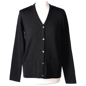 Damen-Cardigan, Große Größen, Schwarz, mit 2 Taschen und V-Ausschnitt, 50% Acryl - 50% Merinowolle, In Primis