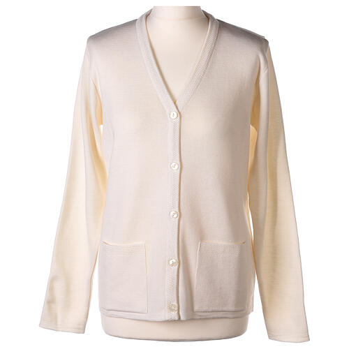 Damen-Cardigan, Große Größen, Weiß, mit 2 Taschen und V-Ausschnitt, 50% Acryl - 50% Merinowolle, In Primis 1