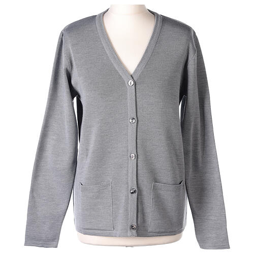 V-neck cardigan In Primis for nuns, pearl grey colour, PLUS SIZES, 50% merino wool 50% acrylic 1