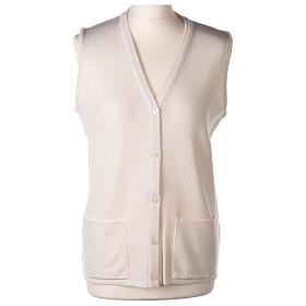 Sleeveless V-neck cardigan In Primis for nuns, White colour, PLUS SIZES, 50% merino wool 50% acrylic