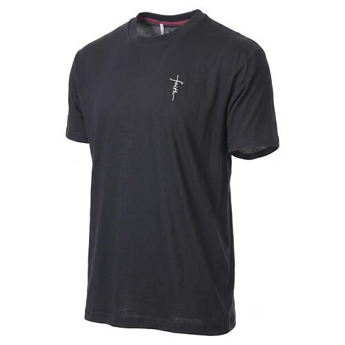 Black T-shirt with "Faith" embroidery and white stitching by Vebi Confezioni 3