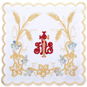 Bielizna kielichowa i welony: Komplet kielichowy 4 cz. symbol IHS czerwony kłosy złote