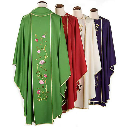 Liturgical chasuble in 100% wool, IHS and roses 2
