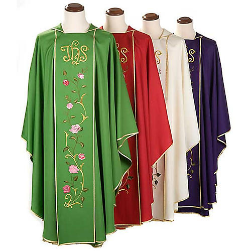 Chasuble liturgique 100% laine, IHS et roses 1