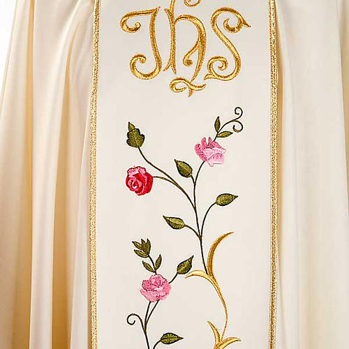 Chasuble liturgique 100% laine, IHS et roses 4