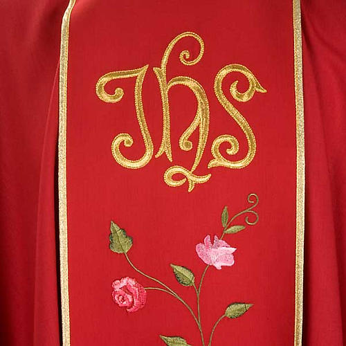 Chasuble liturgique 100% laine, IHS et roses 5