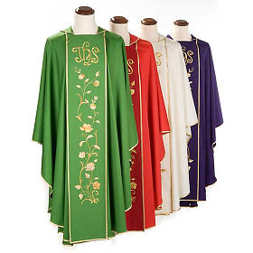 Chasuble and stole in 100% wool, IHS roses