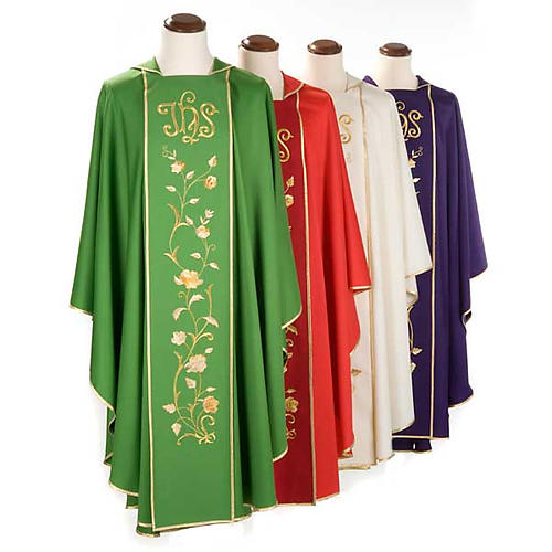 IHS Chasuble and clergy stole in 100% wool, with gold roses 1