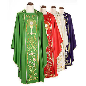 Liturgical chasuble in wool with chalice, flowers and cross