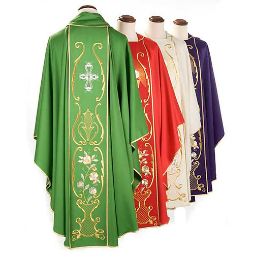 Liturgical chasuble in wool with chalice, flowers and cross 2