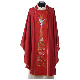 Red Chasuble in Wool with Embroidered Holy Spirit and Roses