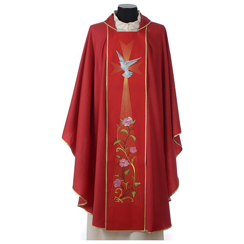 Red Chasuble in Wool with Embroidered Holy Spirit and Roses 1