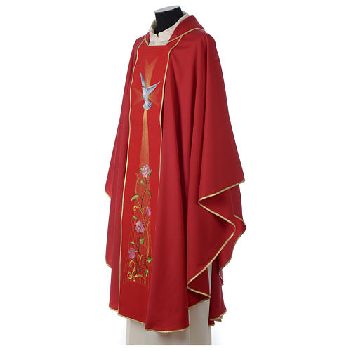 Red Chasuble in Wool with Embroidered Holy Spirit and Roses 4