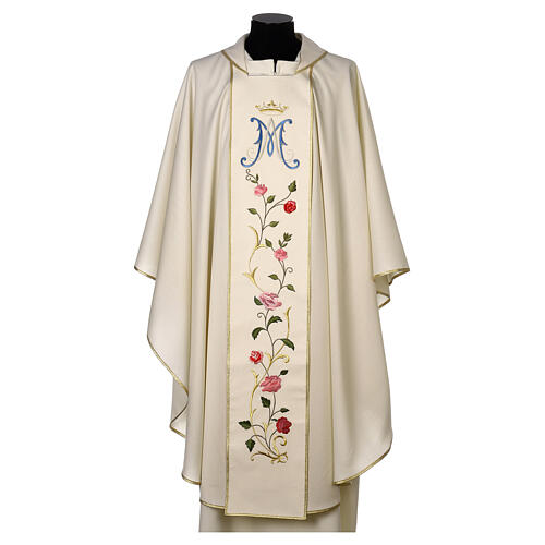 Marian chasuble in wool with roses and cowl 1