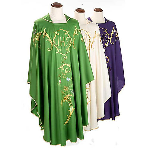 Chasuble liturgique IHS broderies dorées laine 1