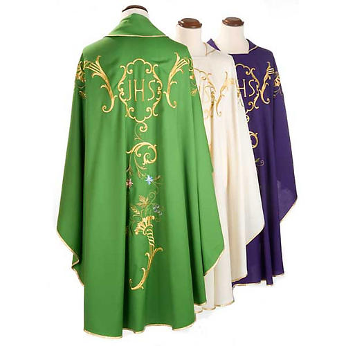 Chasuble liturgique IHS broderies dorées laine 2