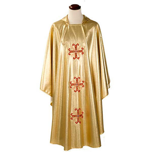 Casulla sacerdotal dorada 3 cruces rojas y verde 1