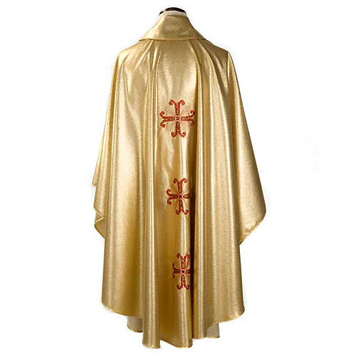 Casulla sacerdotal dorada 3 cruces rojas y verde 2