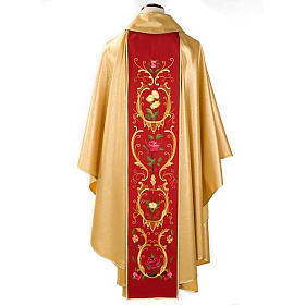Casulla sacerdotal dorada con estolón rojo IHS rosas y flores