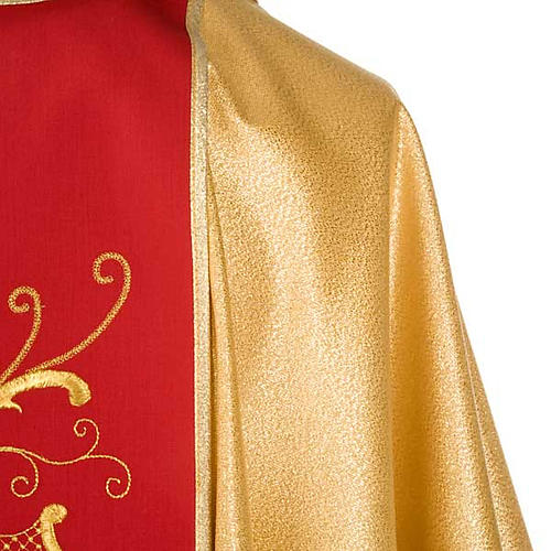 Casulla sacerdotal dorada con estolón rojo IHS rosas y flores 6