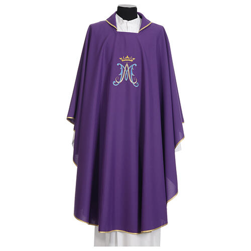 Marian chasuble in polyester with blue and gold embroidery 7